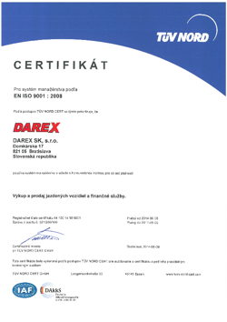 Certifikát TÜV NORD udelený DAREX SK, s.r.o.